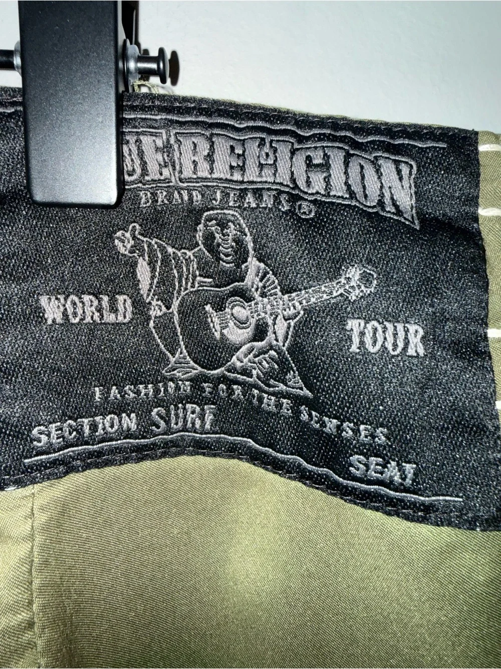 True Religion Olive Green Men's Swim Board Shorts with Contrast Stitching